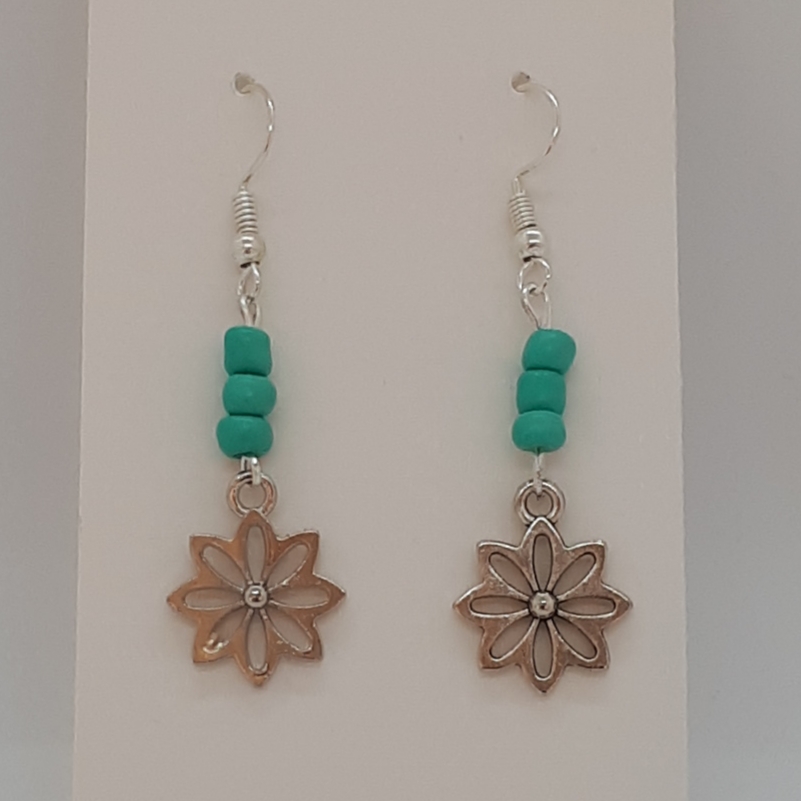Silver Flower Charm Seed Bead Earrings